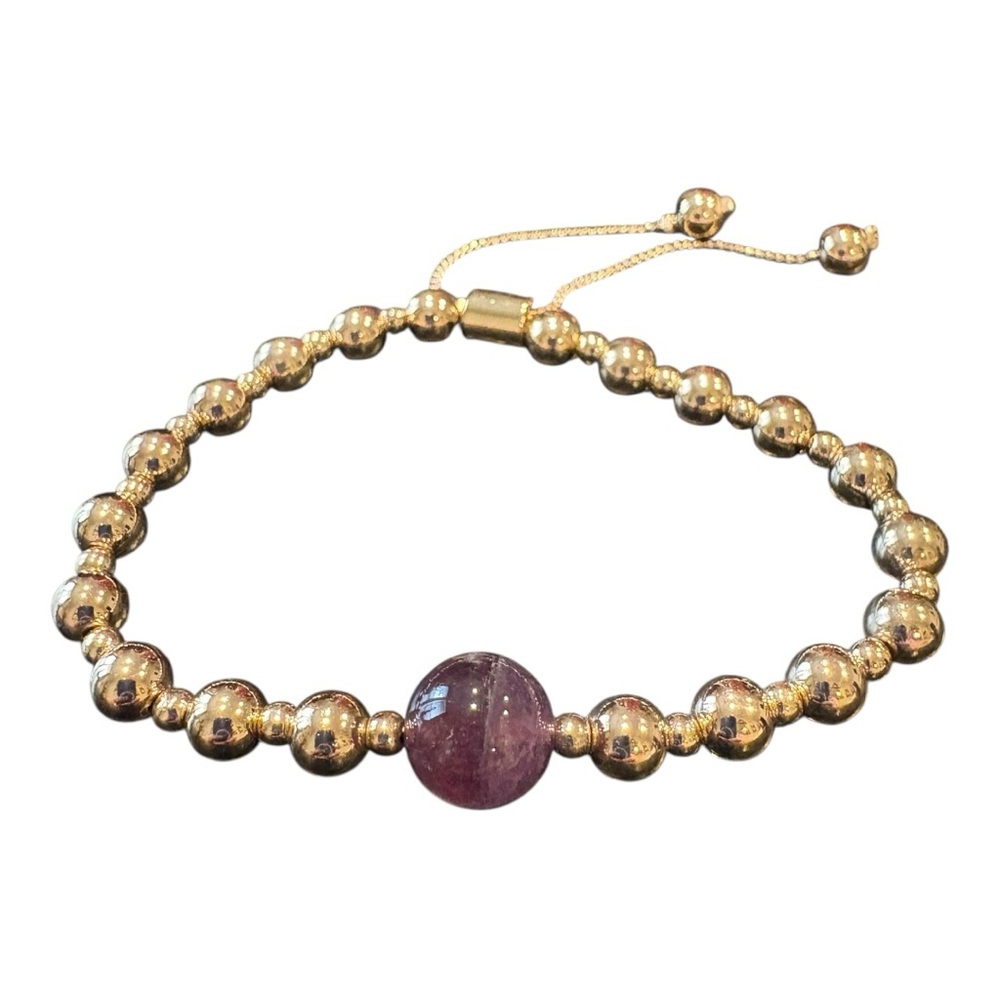 Avon Energy Bead Pull Bracelet Amethyst Gemstone Gold Tone Adjustable NOS J13